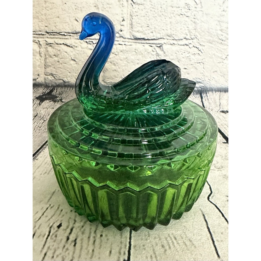 JEANETTE BLUE/GREEN SWAN POWDER/TRINKET BOX, SAW TOOTH EDGE,LIPSTICK HOLDER TOP